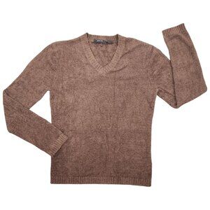 Women's Brown Knit Fit Super Soft Fuzzy Sweater Medium Nylon/Spandex V-Neck Top